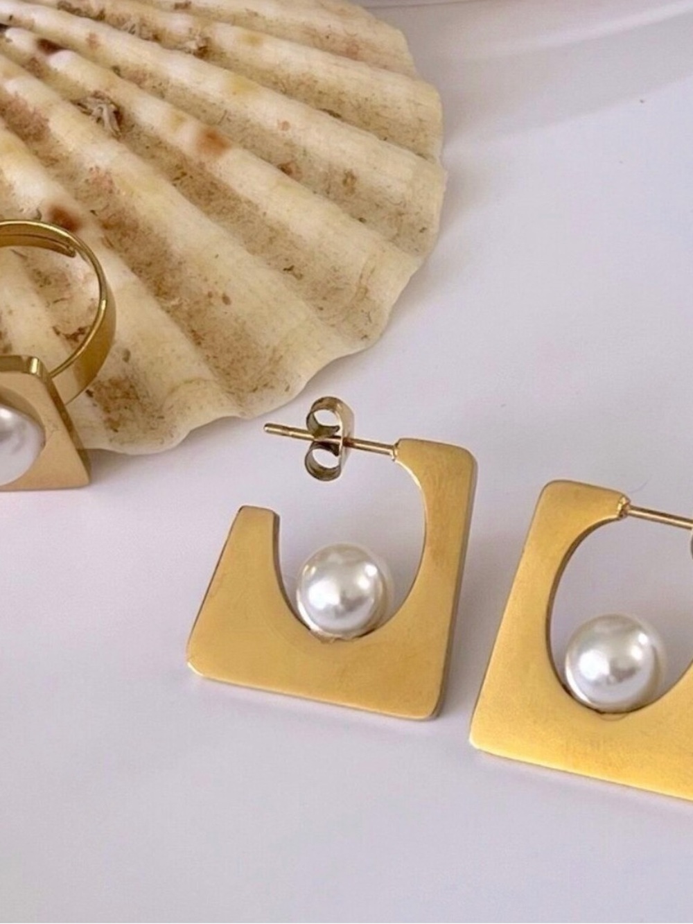 18K Gold Plated Pearl Geometric Pendant Necklace SET herringbone Women’s jewelry - Picture 3 of 8